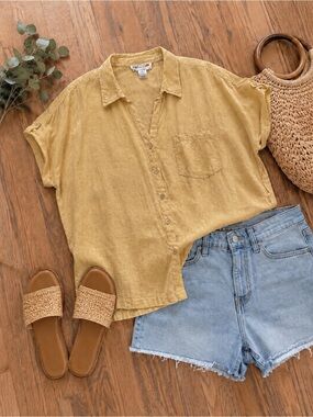C&C California Mustard Yellow Button-Down Linen Blend Shirt